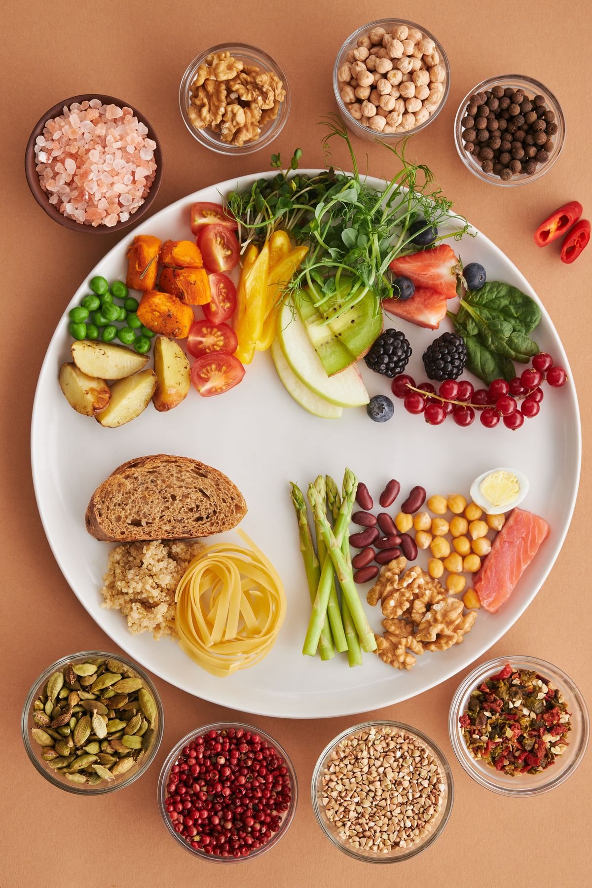 Heart-healthy foods with salmon, nuts, vegetables and berries that support lung and heart health